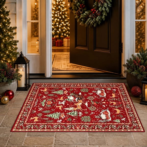 Christmas Area Carpet Santa Reindeer Winter Village Print Holiday Floor Rug For Entryway Living Room Home Decor(Red-40x60cm)