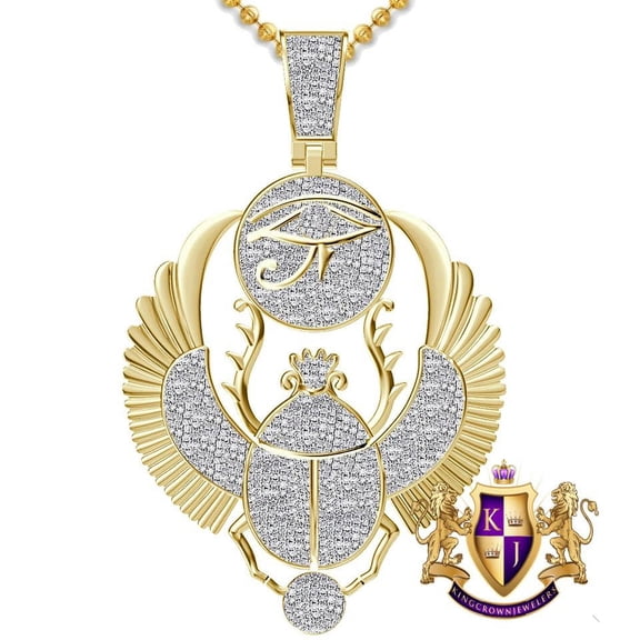 Real Genuine Diamond 0.61 Cwt. 28  Grams Egyptian Scarab Beetle Amulets Winged Horus Evil Eye Of Ra Pendant 10K Yellow Gold On Pharaoh Charm Chain Set