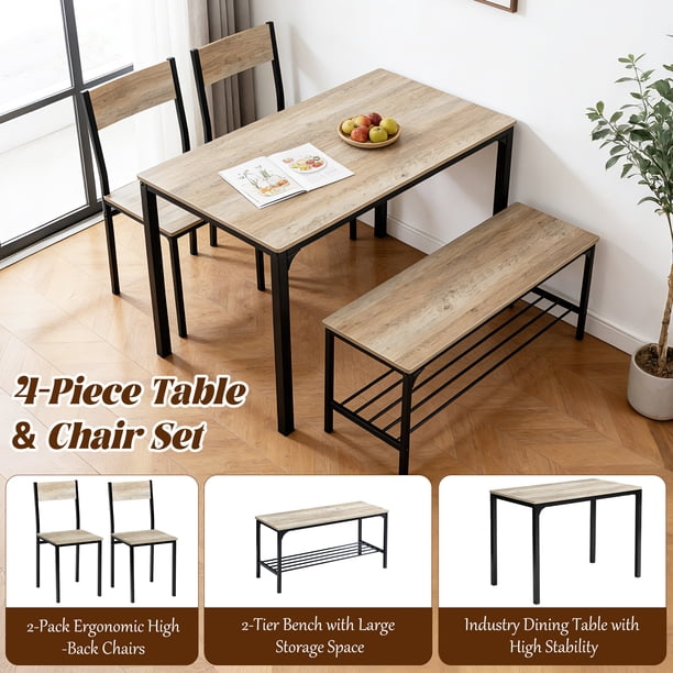 edx Dining Table and 2 Chairs for 4, Dining Bench with Metal Frame