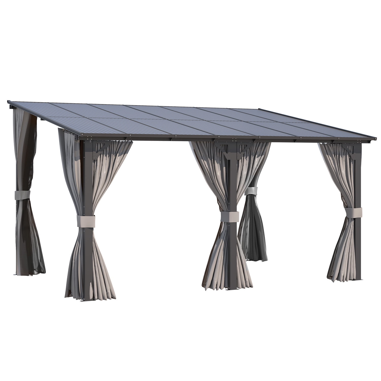 AECOJOY 14' x 10' Lean to Gazebo with Netting and Curtain Outdoor Hardtop Gazebo Aluminum Metal Pergola ​For Garden, Patio, Backyard-​Dark ​Gray