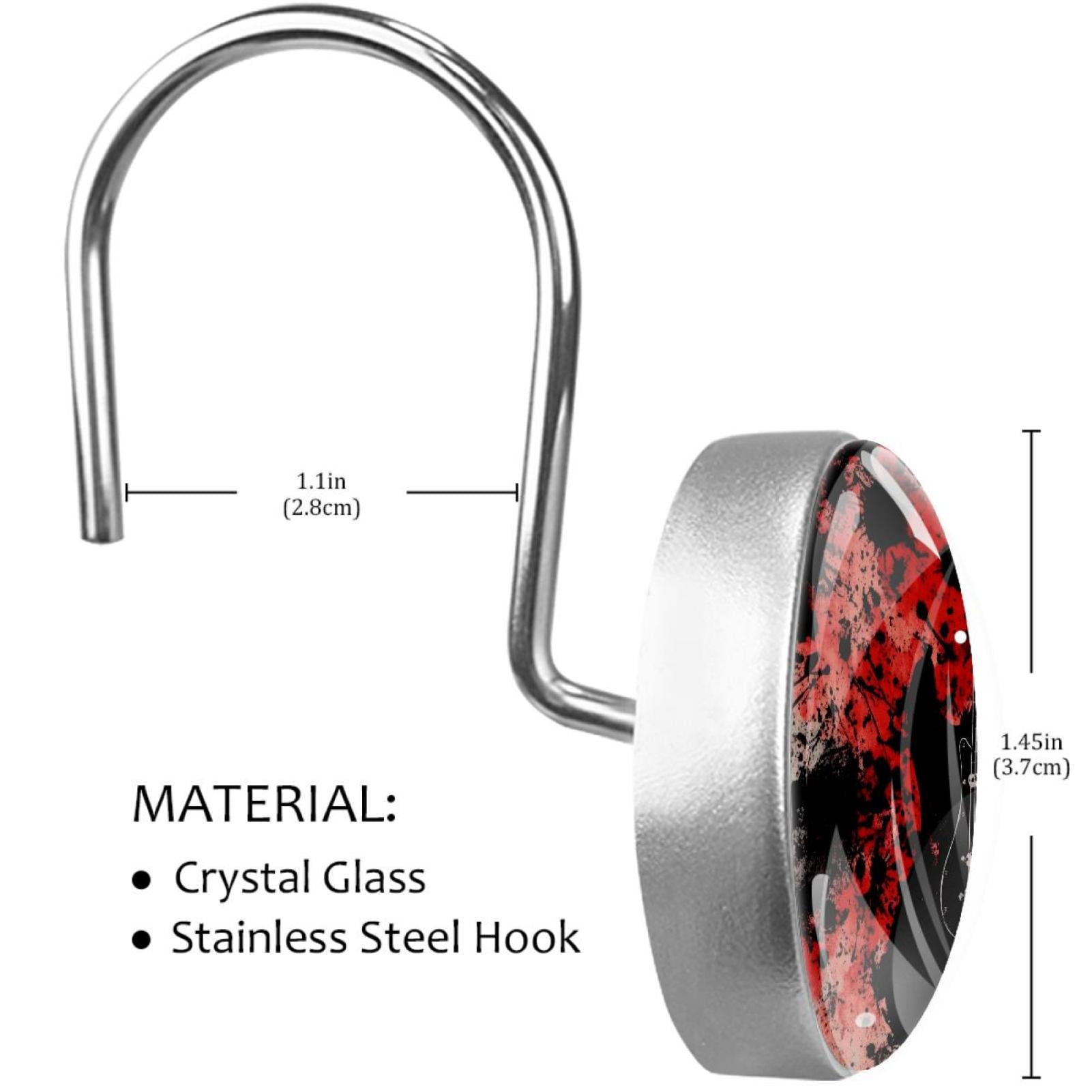 Guitar on Grunge Black and Red Shower Curtain Hooks Round Crystal Glass, Set of 12 Shower Curtain Rings - Shower Hooks for Curtain Shower Rings