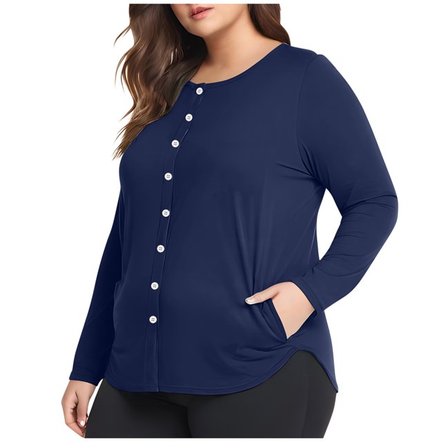 FAIWAD Hauts Grande Taille pour Femmes Manches Longues Bouton avant Col Rond Chandail T-Shirt Décontracté Ample avec Poche