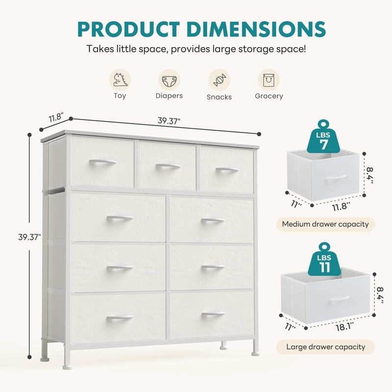 Kelno 9 Drawer Fabric Dresser Storage Tower Chest Organizer with Wood Top Steel Frame, White