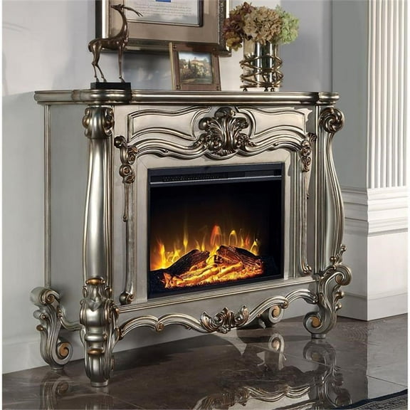 Bowery Hill Rectangular Carving Wooden Frame Fireplace in Antique Platinum