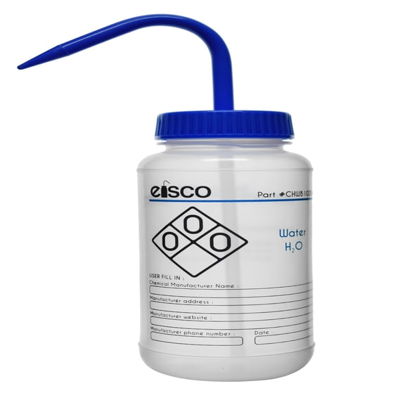 Wash Bottle for Water, 500ml - Labeled with Color Coded Chemical & Safety Information (2 Color) - Wide Mouth, Self Venting, Polypropylene - Performance Plastics by Eisco Labs