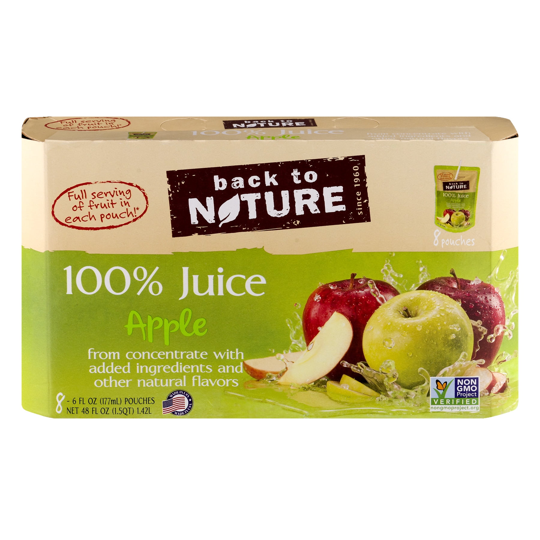 Back to Nature 100 Juice Pouches, Apple, 6 Fl Oz, 8 Count
