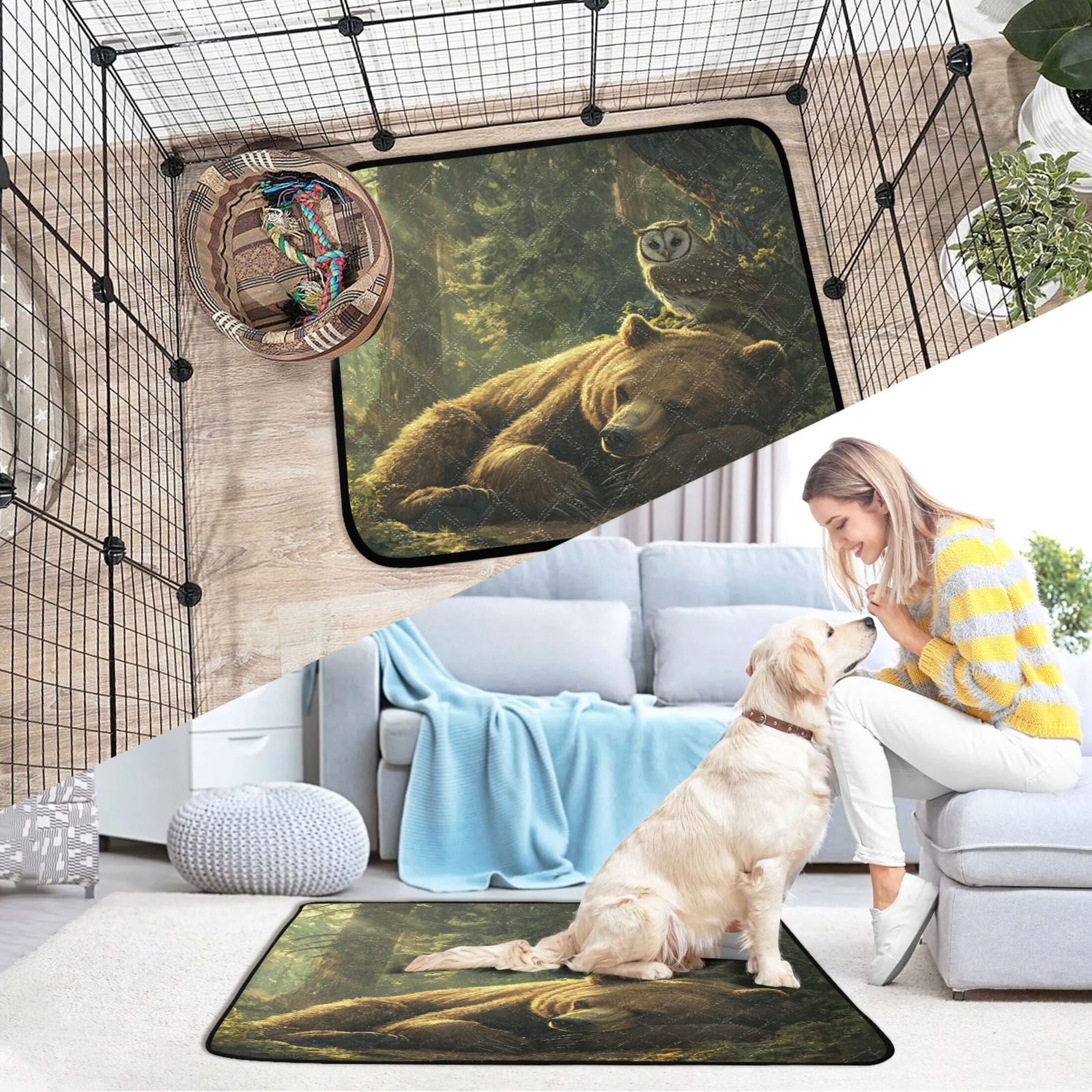 Qxltty Brown Bear Owl Resting Together Cat litter Pads Pet Set of 3 Diaper Mats Center Anti-leakage Layer Absorbent Soft and Comfortable