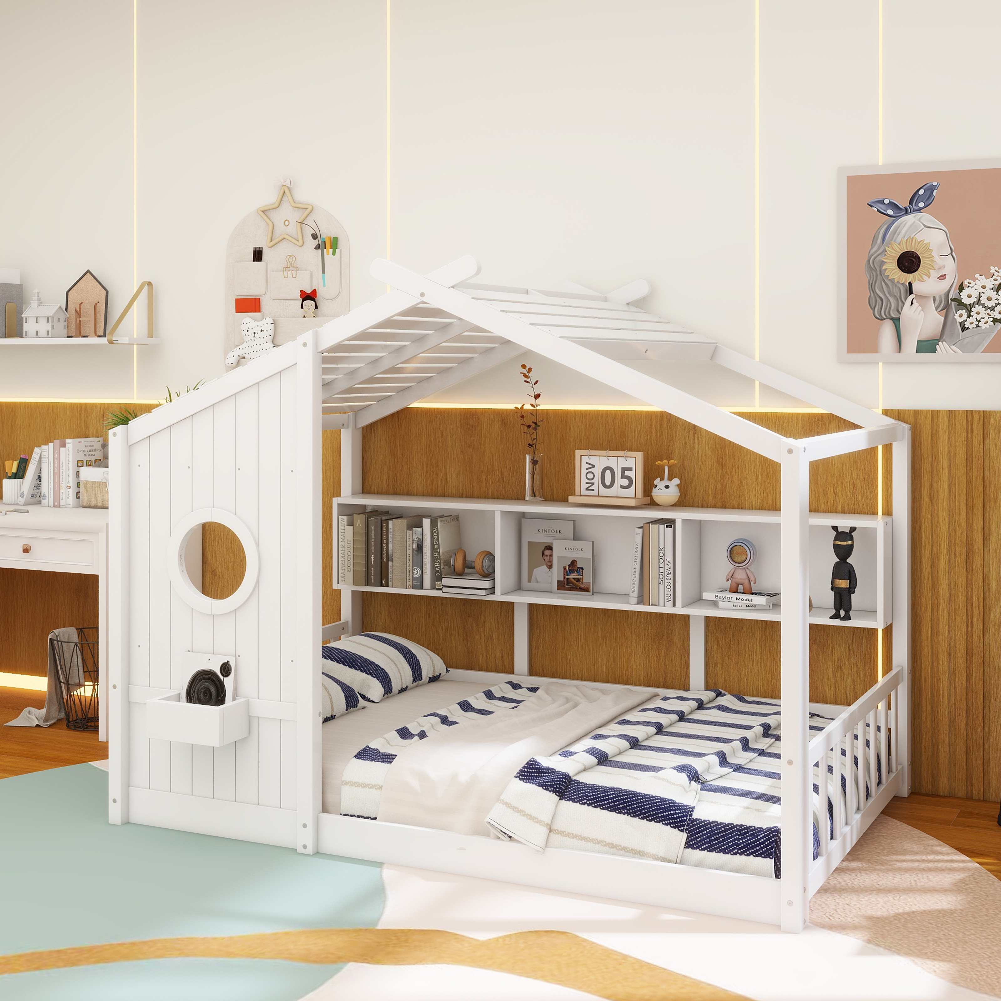 Full Size Floor House Bed for Toddler, Kids Montessori Bed with Storage Shelf, Playhouse Bed with Roof Design, White