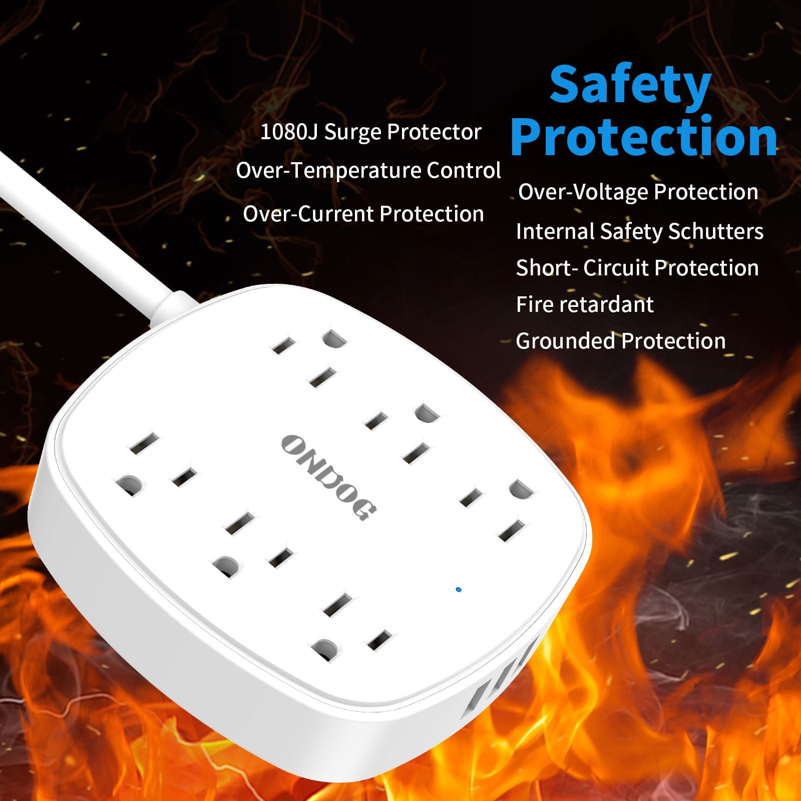 ONDOG 6ft Flat Plug Extension Cord- Power Strip Surge Protector with 6 Outlet Extender and 3 USB Ports, ETL Listed