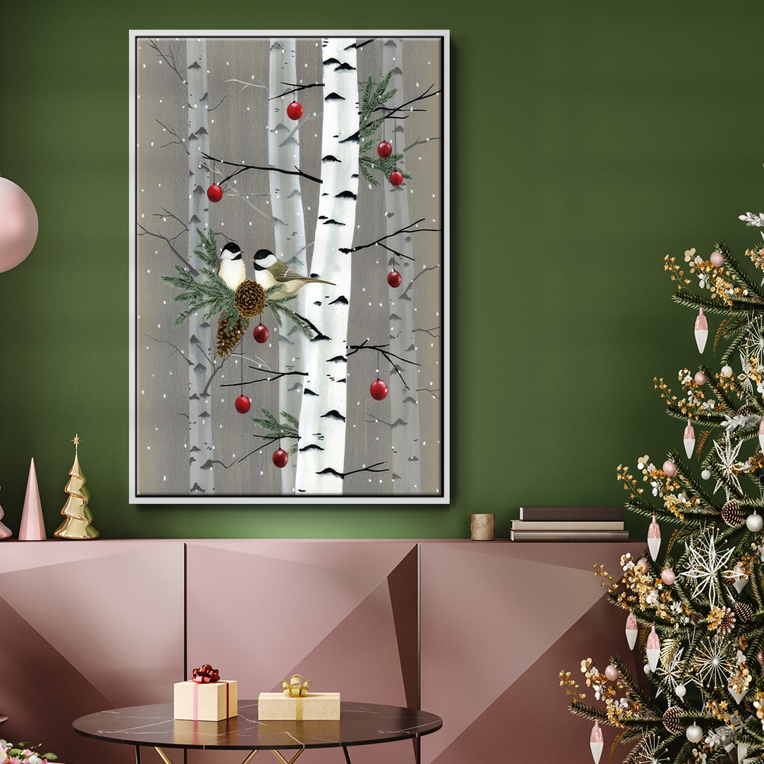 Birch Birds II - Framed Gallery Wrapped Holiday Canvas - 17 x 25 - White Frame