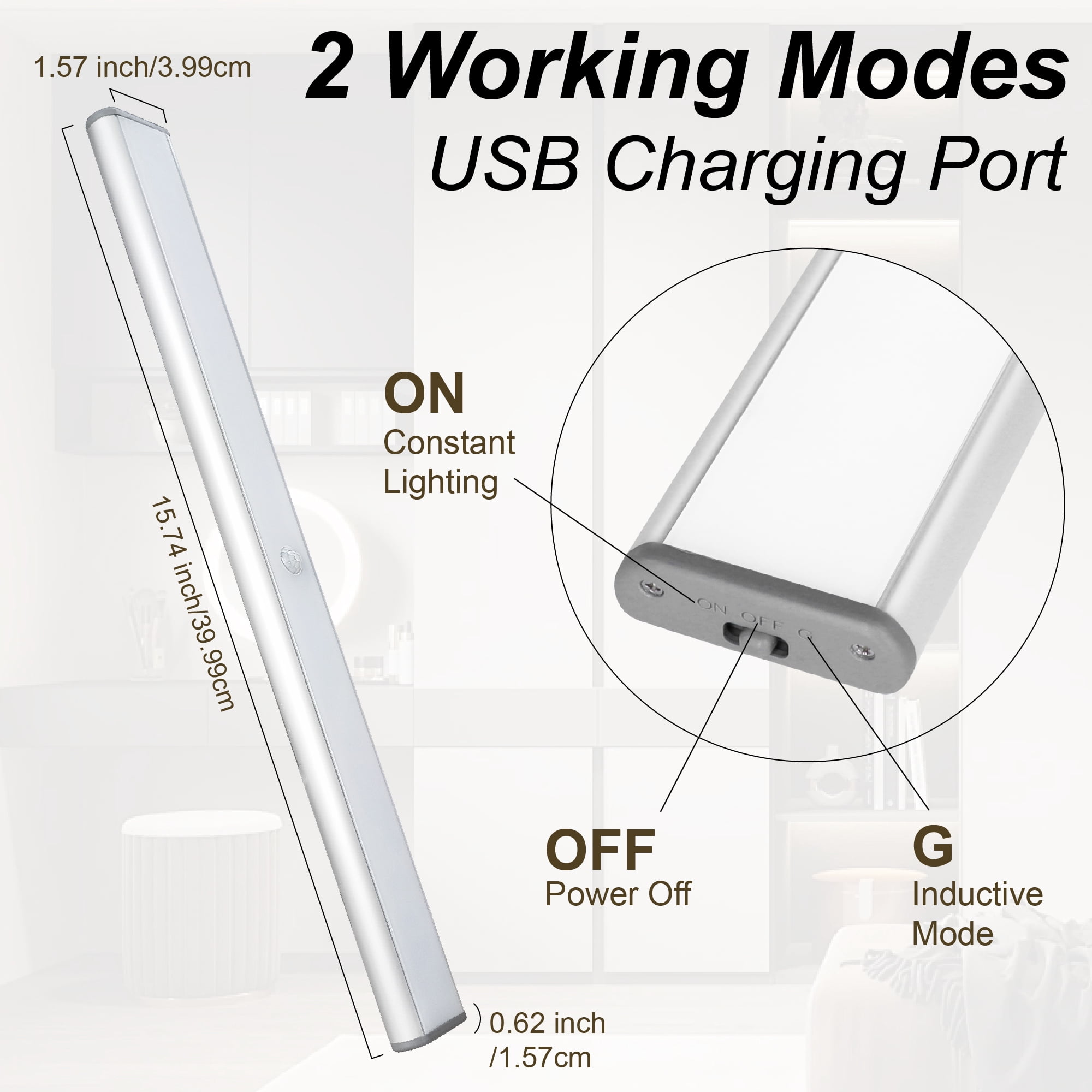 Lepotec 15.8Inch Under Cabinet Light - Wireless Rechargeable Motion Sensor LED Light with Built-in Magnet for Kitchen, Wardrobe, Closet