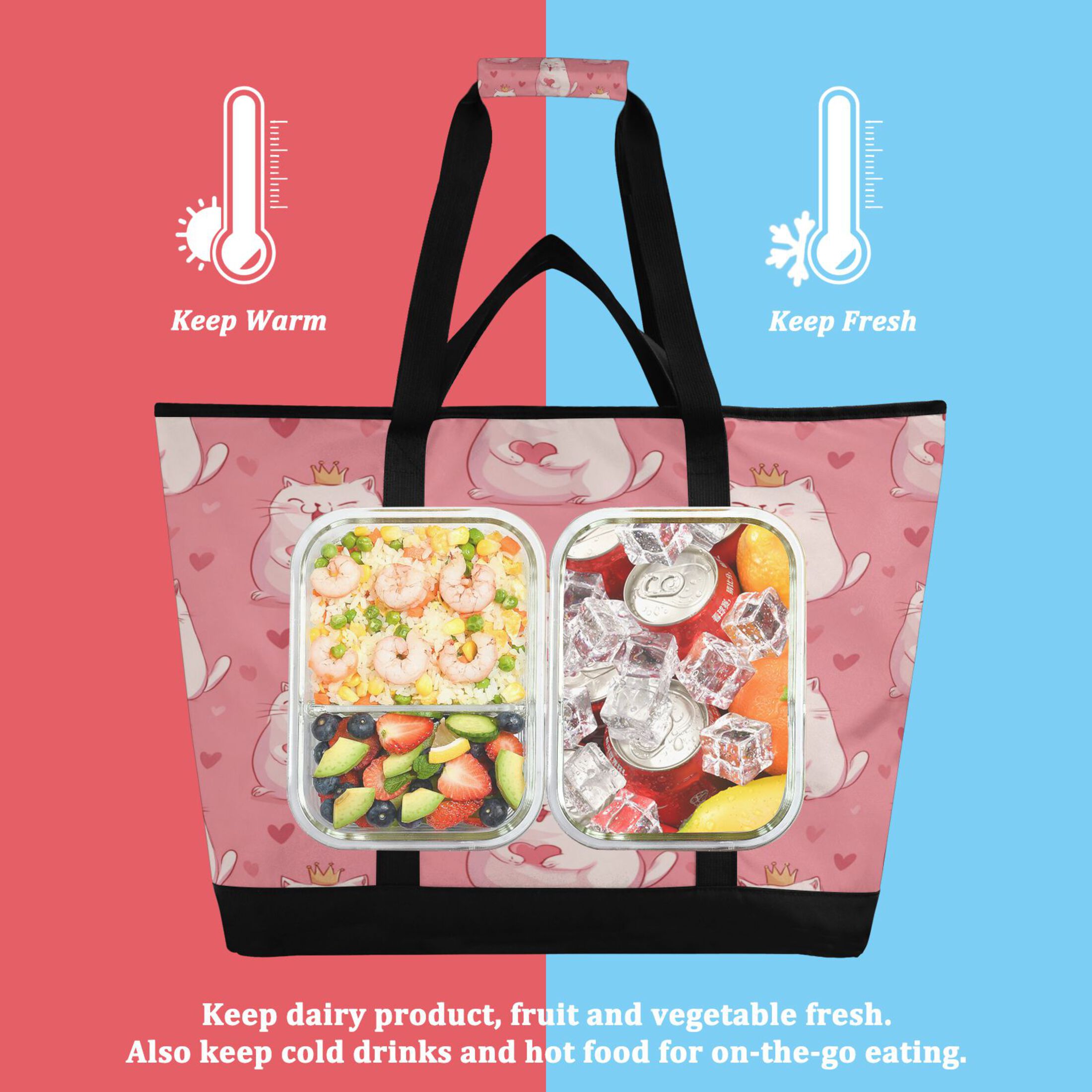 Extra-Large Wide Opening Design Capacity Hand-Held Ice Pack Thickened Insulation Layer For Long-Lasting Cold Retention For Outdoor Shopping Picnics And Camping White Fat Cat