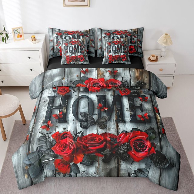 Red Roses Comforter Set Twin,Rustic Farmhouse Teal Wooden Board Bedding Set,Romantic Valentine's Day Bed Set 7 Pieces(Comforter+Fitted+Flat Sheet+Pillowcase+Pillow Cover)