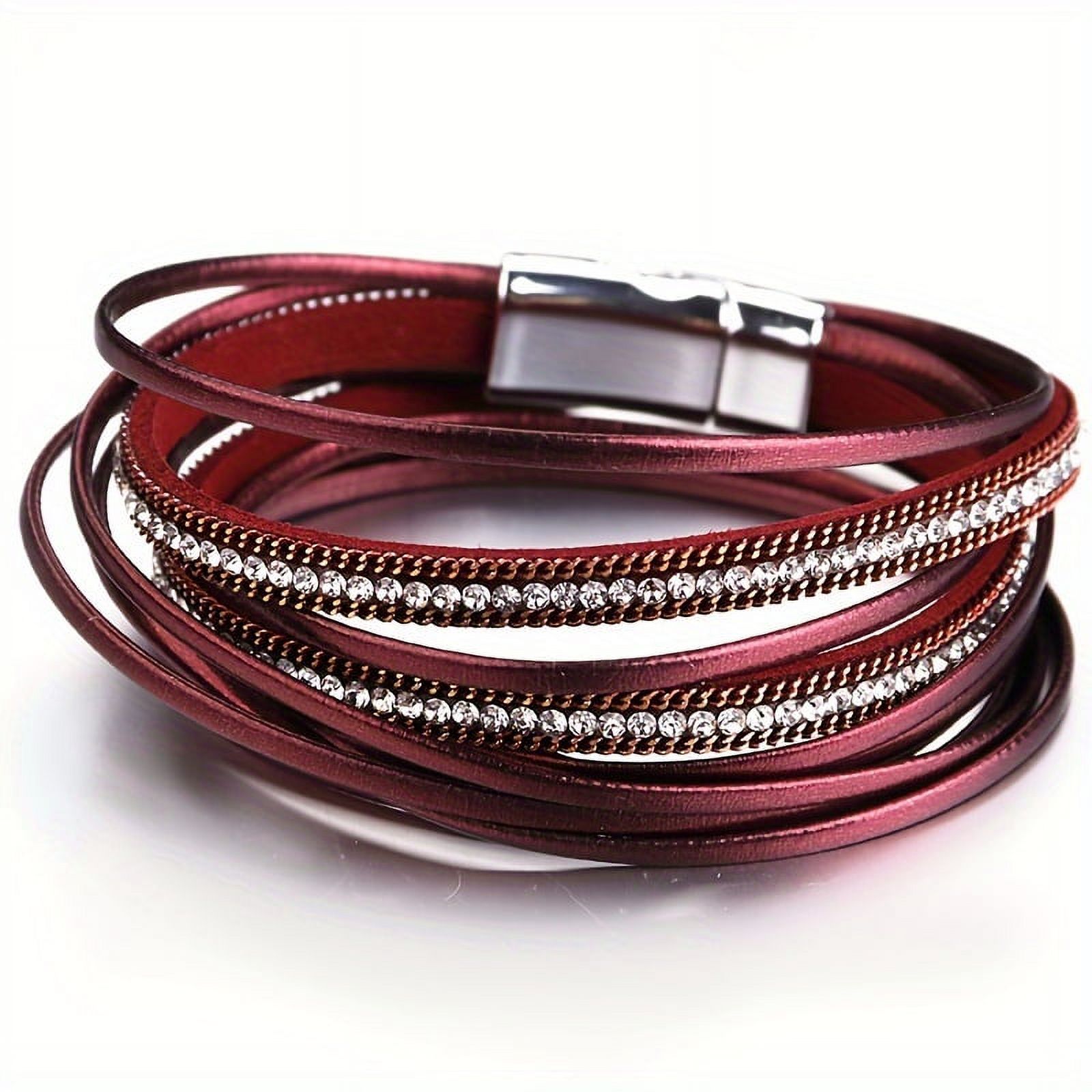 1pc Multi-Layered Leather Bracelet for Men Women, Stylish Design Double Wrap Long Bracelet with Rhinestones, Party Jewelry, Gifts for Home Girlfriend Boyfriend, Bracelets for Couples