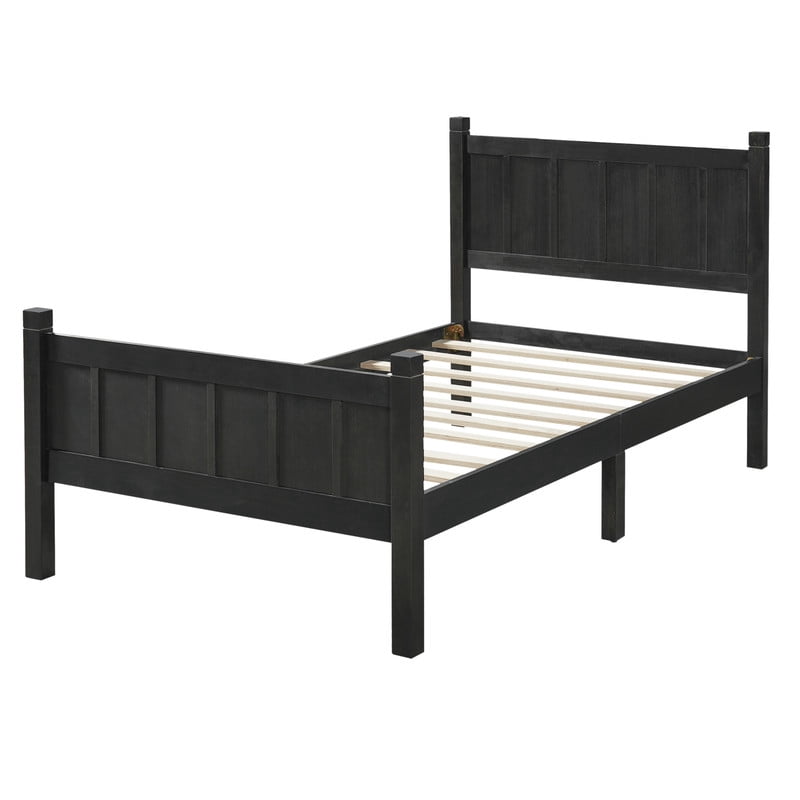 Twin Size Farmhouse Platform Bed with Flat Panel Designed Headboard & Footboard, Minimalist Wood Bed Frame with Under-Bed Storage