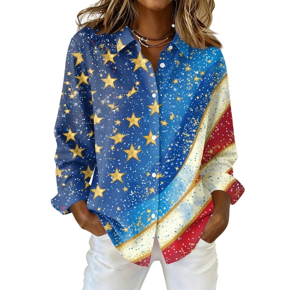 Domzest 4th Of July Shirts Women 250 Anniversary Usa Graphic Tshirt Patriotic Long Sleeve V Neck Butoon Down Shirts Royal Blue M