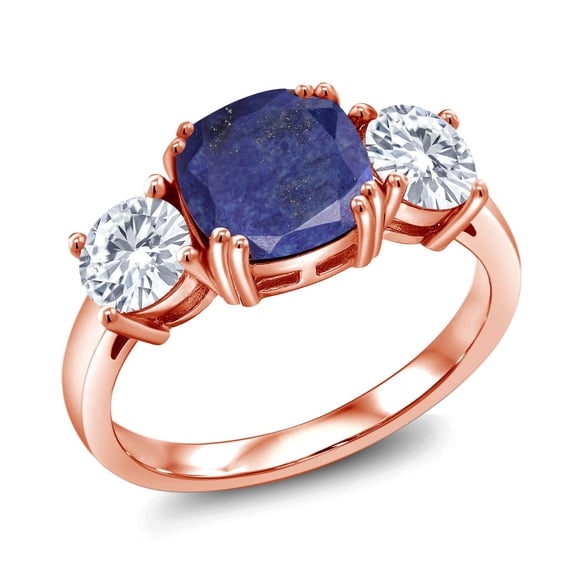 Gem Stone King 18K Rose Gold Plated Silver Blue Lapis and White Moissanite 3 Stone Engagement Ring for Women (3.00 Cttw, Gemstone, Cushion 8MM, Size 8)