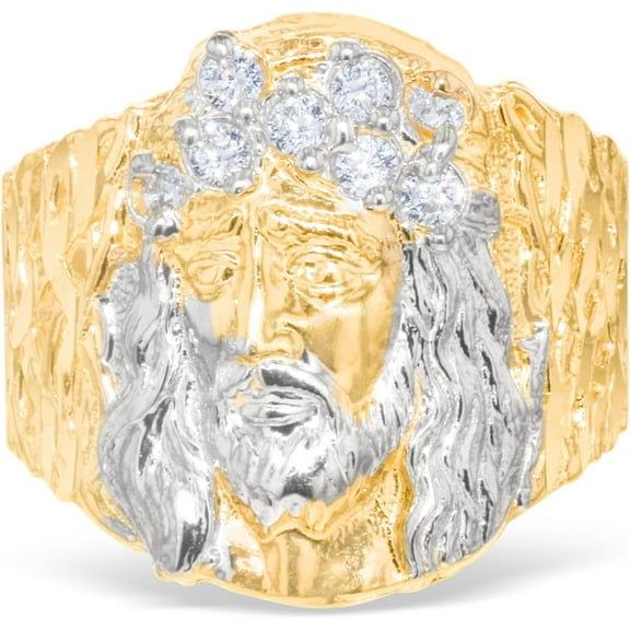 Floreo 10k Yellow Gold 19mm Jesus Face Two-Tone CZ Openwork Men's Ring, Sizes 5 - 13