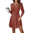 thumbnail image 2 of Robes Courtes Côtelées à Manches Longues pour Femmes Automne Hiver Col en V Décontracté Robe Chandail Évasée Rouge Brique TG, 2 of 7