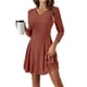 thumbnail image 2 of Vestido Corto de Punto Acanalado de Larga para Mujer, Otoño e Invierno, Cuello en V, Informal, Corte A Rojo Ladrillo M, 2 of 7