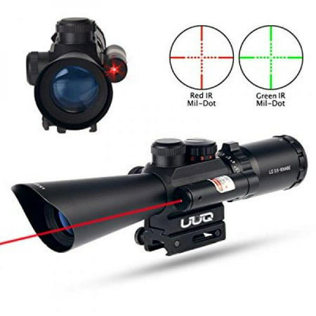 uuq tactical 3.5-10x40 illuminated red/green mil dot rifle scope w/ red laser sight fit 11/20mm picatinny rail (12 month