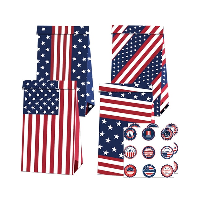 SLYNSHome 12Pcs Patriotic Kraft Treat Bags American Flag Stars Stripe Snack Goodie Gift Bag for 4th of July Independence Day Memorial Party Favor
