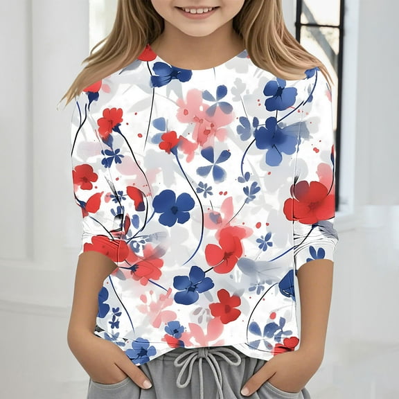 MKOSPLRT 4th of July T Shirt Kids 3-12 Years Crew Neck 3/4 Sleeve Stars Striped Shirts Funny Independence Day Tees Memorial Day Gifts