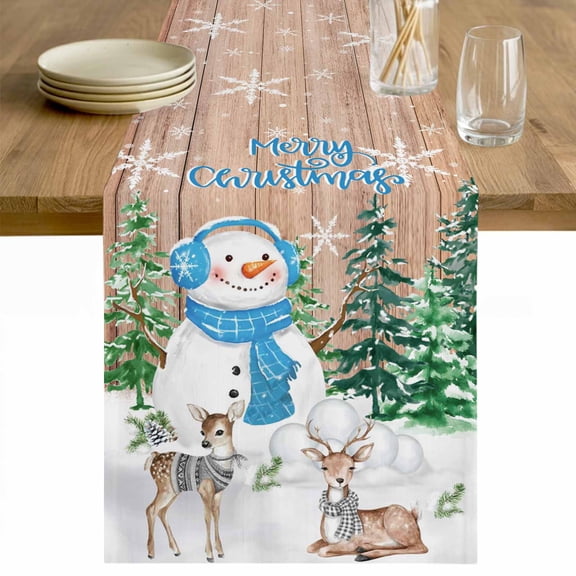 Merry Christmas Table Runner 90 Inches Long Farmhouse Dress Scarves, Rustic Xmas Tree Elk Blue Snowman Snowflake Dining Tablerunner for Coffee Table/Kitchen Island/Party Décor, 13" x 90"