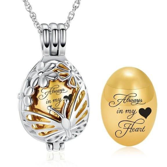 Personalize Always in My Heart - Stainless Steel Openwork Sunflower Butterfly Teardrop Urn Pendant Memory Necklace for Cremation Ashes Holder Memorial Jewelry