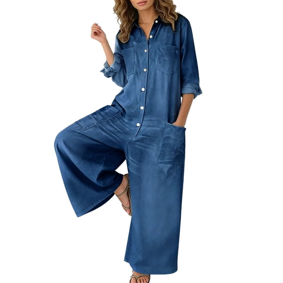 XIAOCHA Women's Button-Down Denim Jumpsuit Casual Long Sleeve Wide Leg Romper with Pockets,Blue