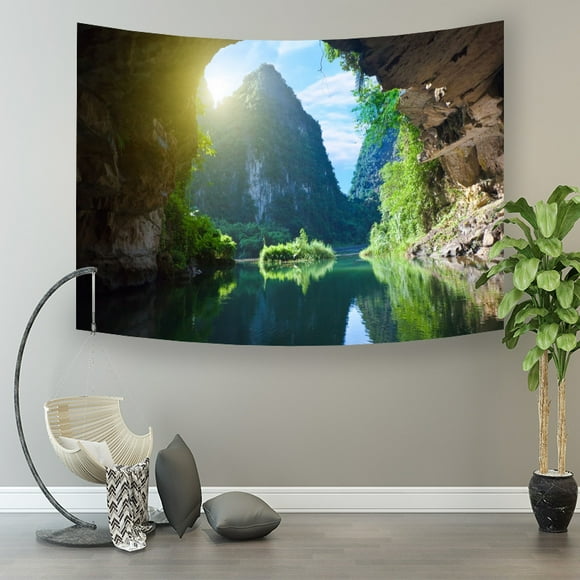 Tapiz para colgar en la pared, cueva, paisaje, montaña, río, 150 x 130 cm