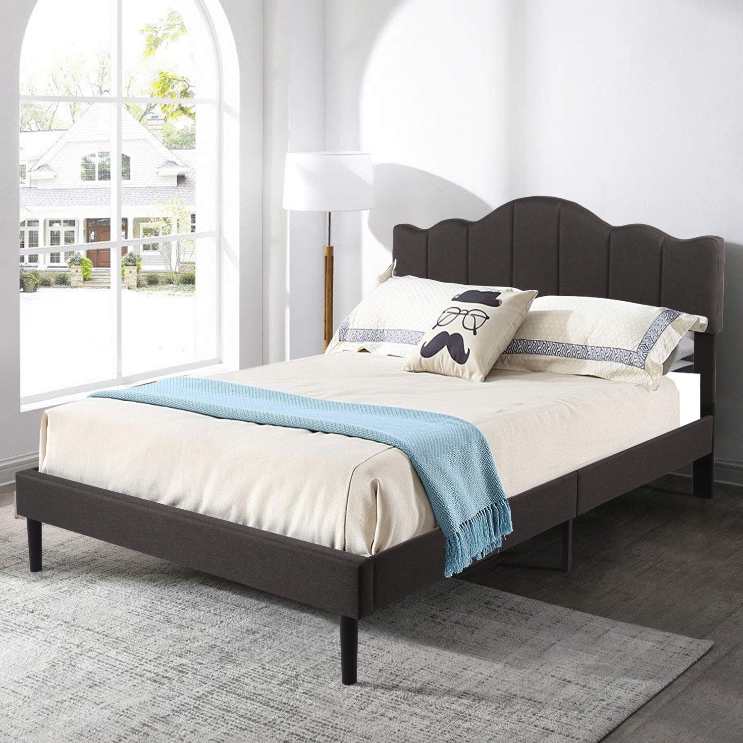 VECELO Classic Platform Bed with Adjustable Headboard，Dark Gray