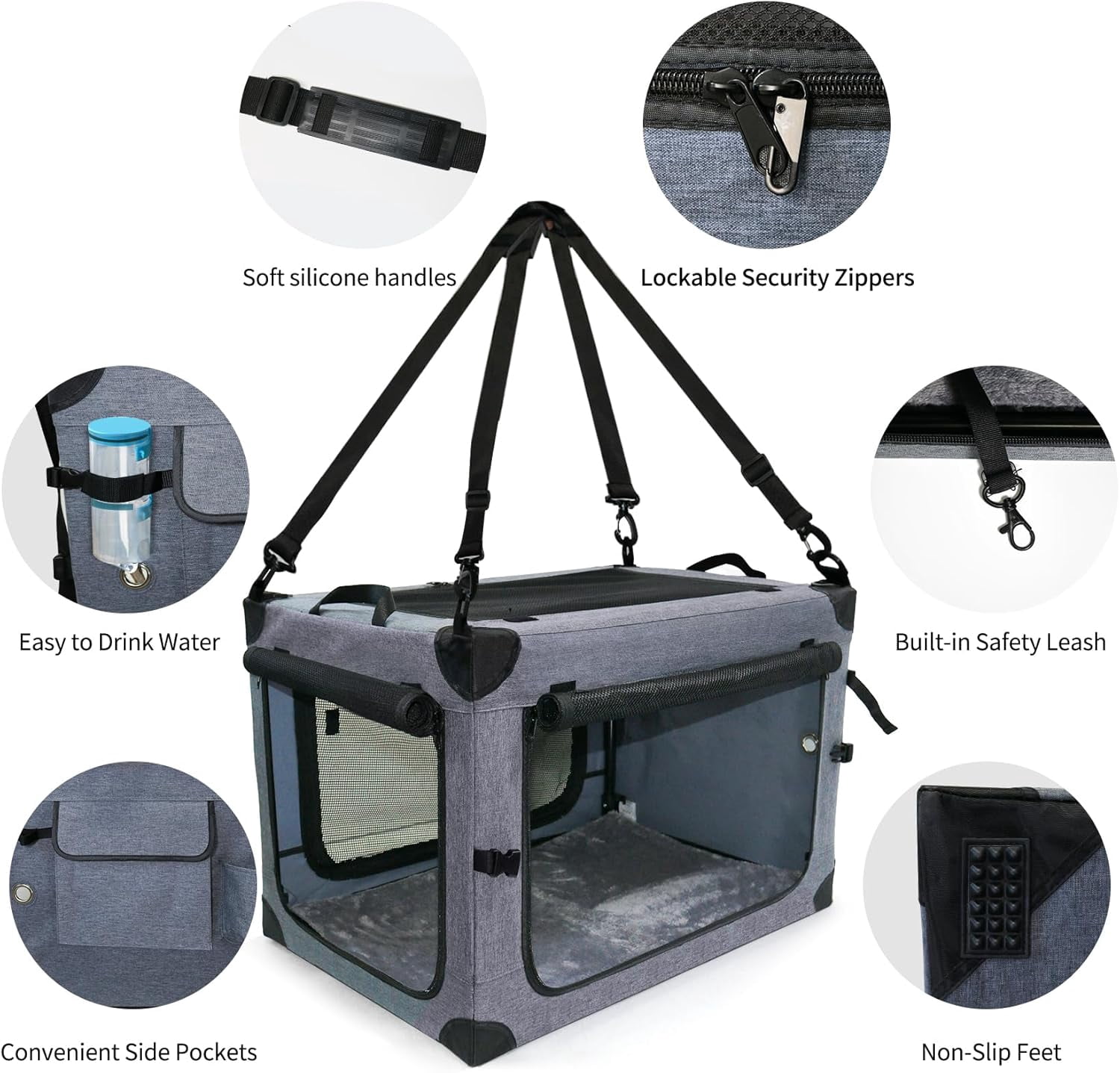 Collapsible Dog Crates for Large Dogs Portable Soft Sided Travel Dog Carrier for Indoor & Outdoor, 4-Door Foldable Pet Kennel with Durable Mesh Windows (Gray, 30.0" L x 20" W x 20.0" H)