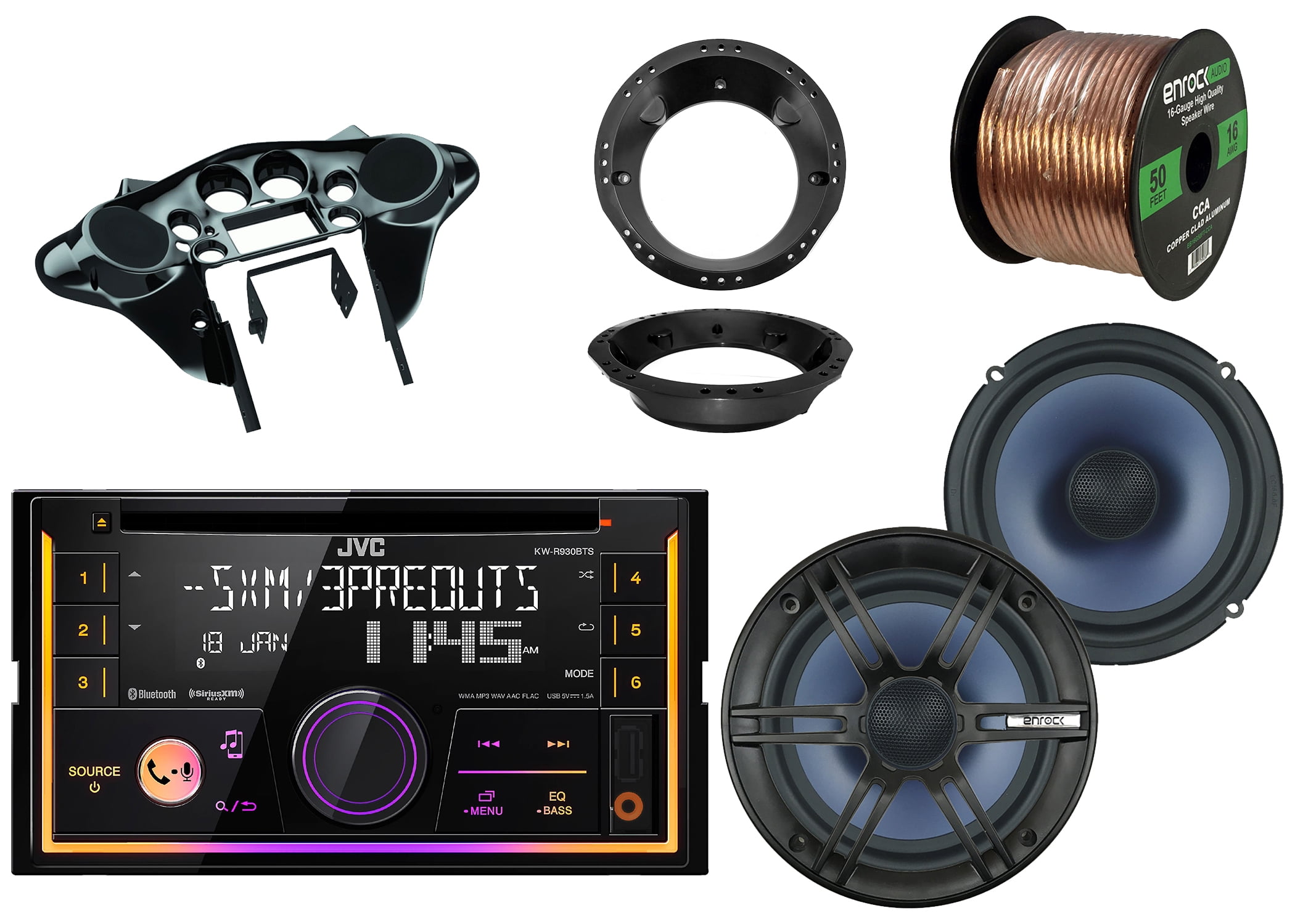 JVC Double DIN CD Bluetooth Receiver, 2x Enrock 6.5" 2Way Marine