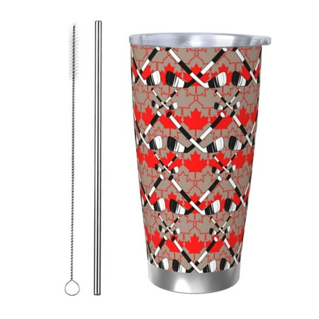 

Qekee Hockey With Maple Leaves Print 20OZ Car Cup Stainless Steel Vacuum Insulated Tumbler Tumbler Cup With Lid And Straw Travel Coffee Mug-Straw Two-piece Set