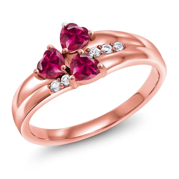 Gem Stone King 18K Rose Gold Plated Silver Red Created Ruby and White Created Sapphire 3-Stone Ring for Women (0.98 Cttw, Heart Shape 4MM, Gemstone July Birthstone, Size 5)