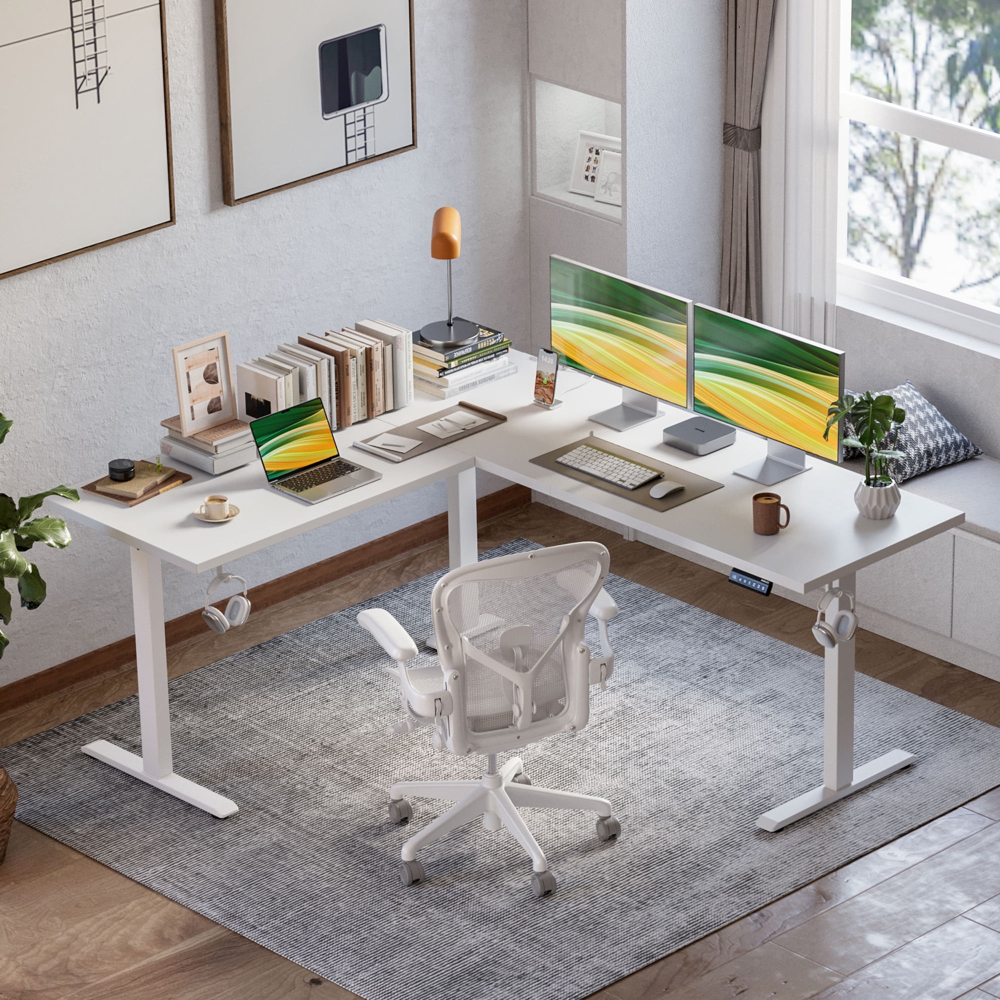 62.9 Inch L-Shaped Standing Desk, Large Electric Height Adjustable Ergonomic Home Office Computer Desk with 3 Memory Buttons and Cable Management, Corner Desk for Home & Office Workstations, White