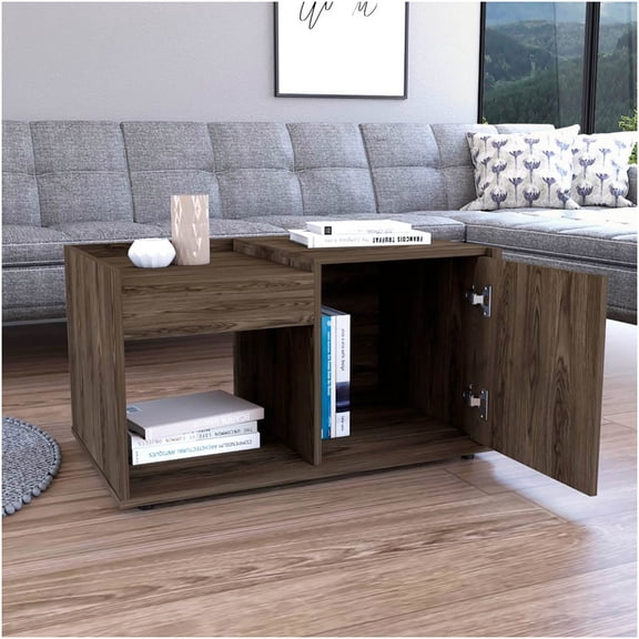 Dext Modern Dark Walnut Coffee Table with Cabinet and Open Shelf