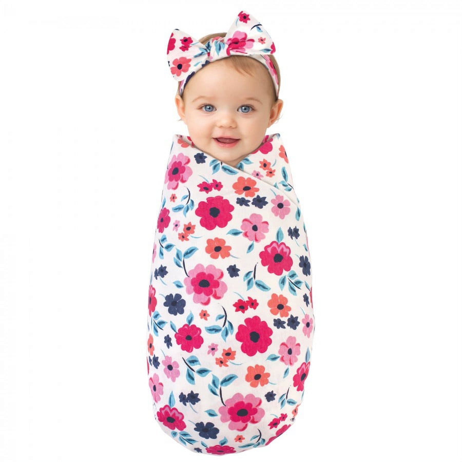 Touched by Nature Baby Girl Organic Cotton Swaddle Blanket and Headband or Cap, Garden Floral, One Size