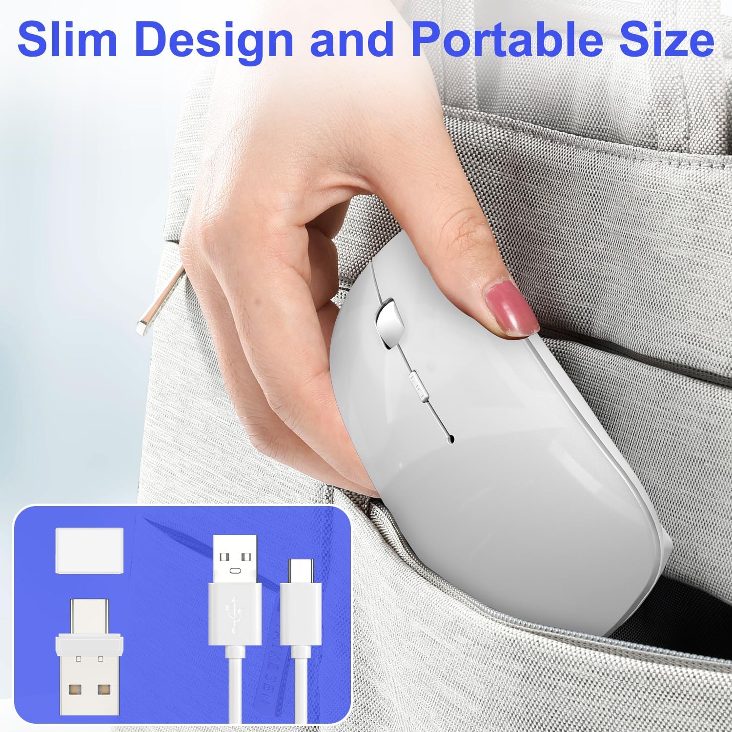 Bluetooth Wireless Laptop for MacBook Air iPad Mac, 2.4G Rechargeable Computer with Jiggler Mode, Silent Optical 2 Mode Bluetooth 5.2/3.0 & 2.4G USB-A/Type C Portable Mice, Silver