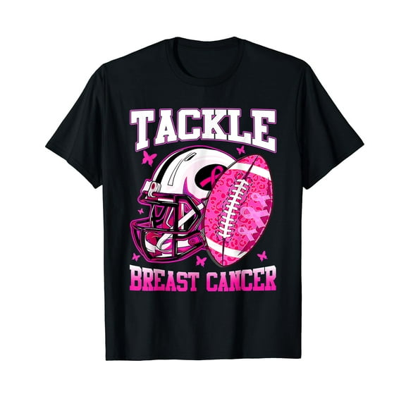 Tackle Breast Cancer Awareness Fighting American Football Black T-Shirt
