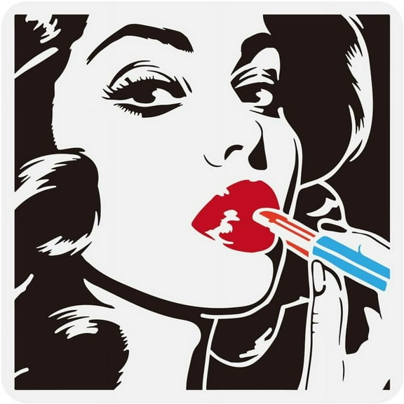 Woman Applying Lipstick Stencil - 11.8x11.8" Reusable Retro Comics Style Women Face Stencil