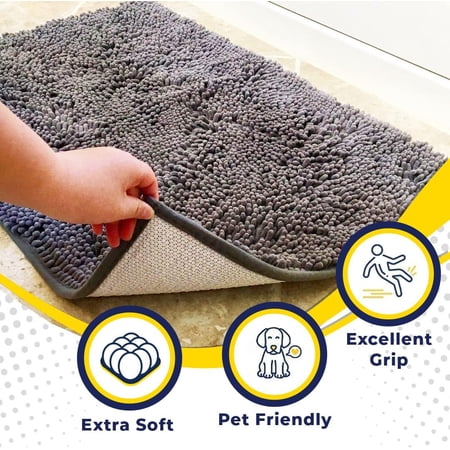 Muddy Mat® SHOWN ON TV Highly Absorbent Microfiber Door Mat and Pet Rug Non Slip Thick Washable Area and Bath Mat Soft Chenille for Kitchen Bathroom Bedroom Indoor and Outdoor - Grey Medium 30X19
