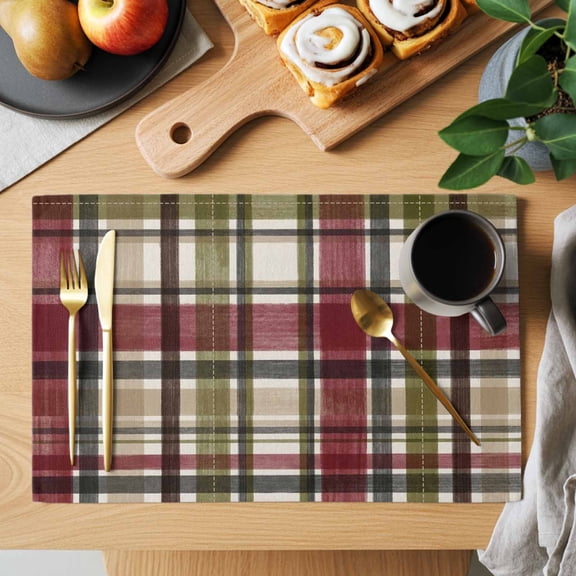 Scottish Tartan Plaid Placemats Set of 4, Green Gingham Plaid Vintage Red Geometric Grid Heat Insulated Linen Place Mats, Washable Stain-Proof Table Mats for Dining Tables Holiday Decor 13x19 Inches