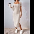 thumbnail image 4 of Vestido de Verano 2025 para Mujer, Ajustado, de Corta, Acanalado, con Abertura Lateral, de Punto y Cuello Cuadrado Caqui L, 4 of 8