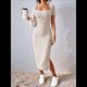 thumbnail image 4 of Vestido de Verano 2025 para Mujer, Ajustado, de Corta, Acanalado, con Abertura Lateral, de Punto y Cuello Cuadrado Caqui L, 4 of 8