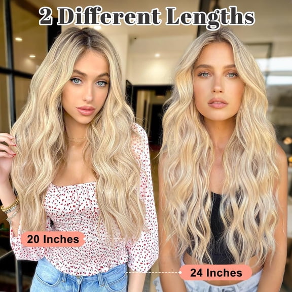 SHILIU-Clip in Hair Extensions, Long Wavy Blonde Hair, 24 Inch 4PCS Thick Fiber Double Weft Hairpieces