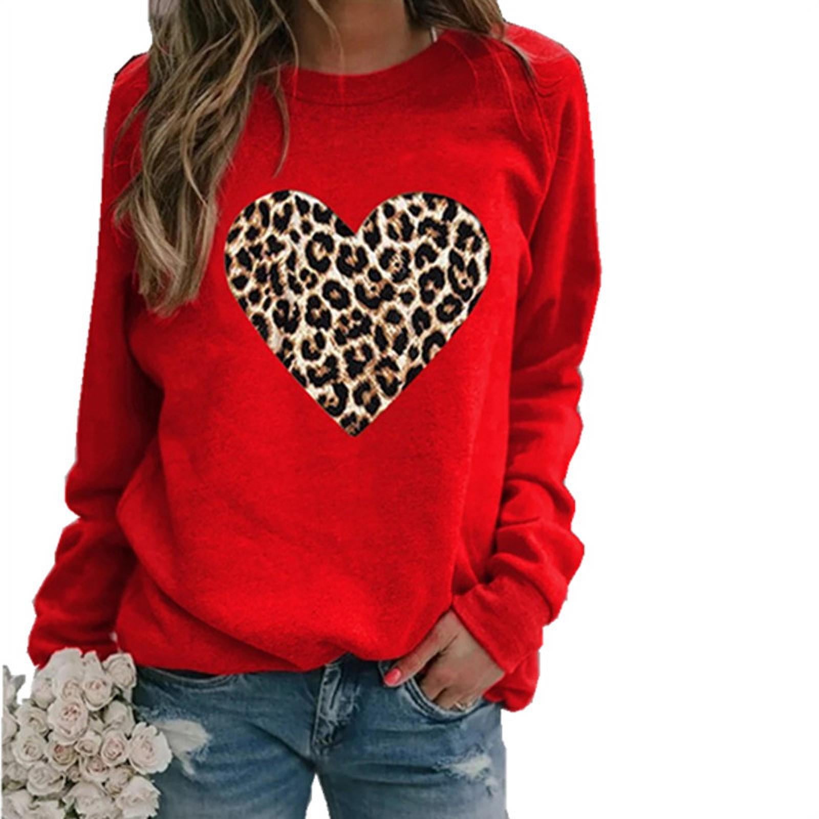 Women's Round Neck Long-sleeved Leopard Print Heart-shaped Hooded Sweater  Top 
