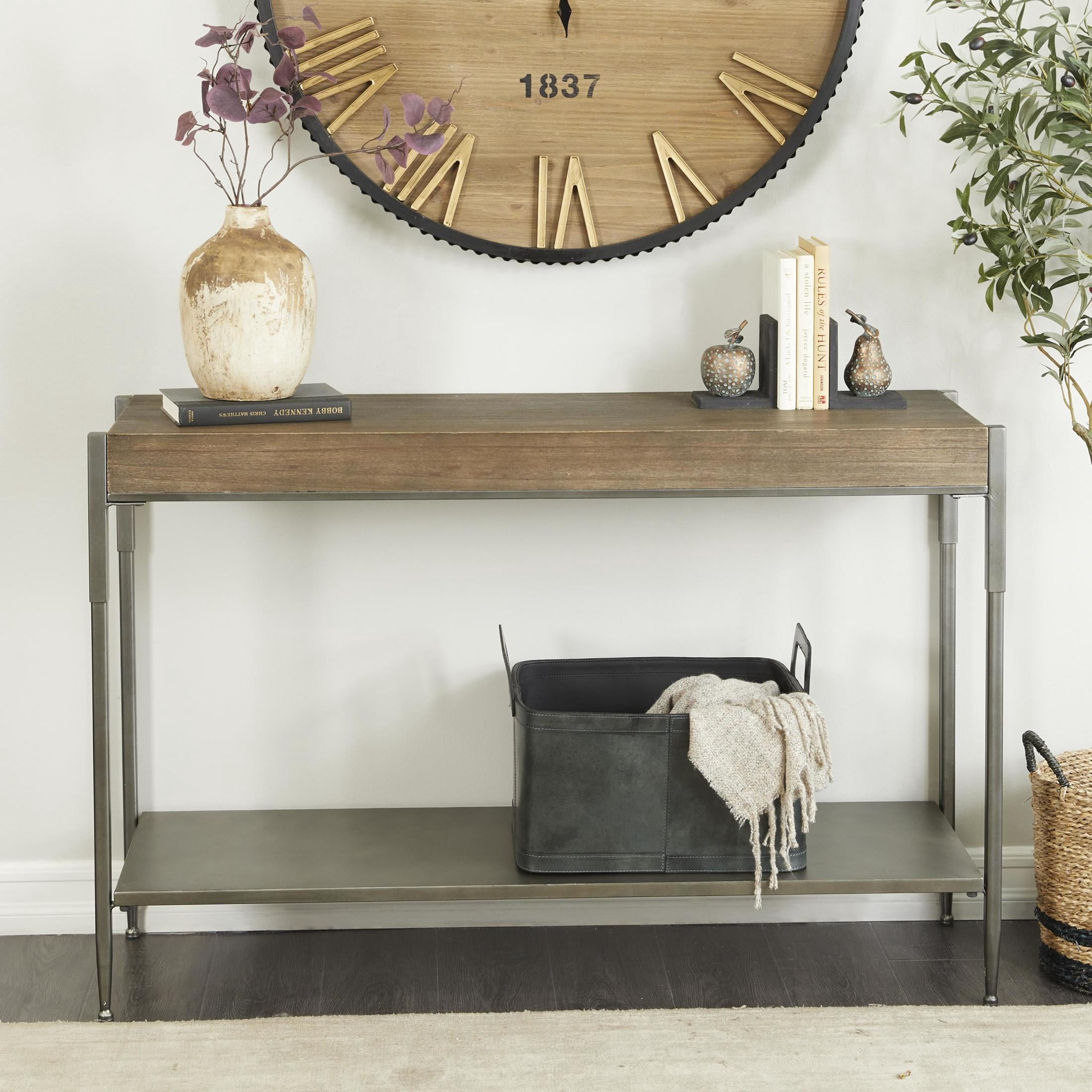 DecMode 49" x 32" Gray Metal Shelf Console Table with Brown Wooden Top, 1-Piece