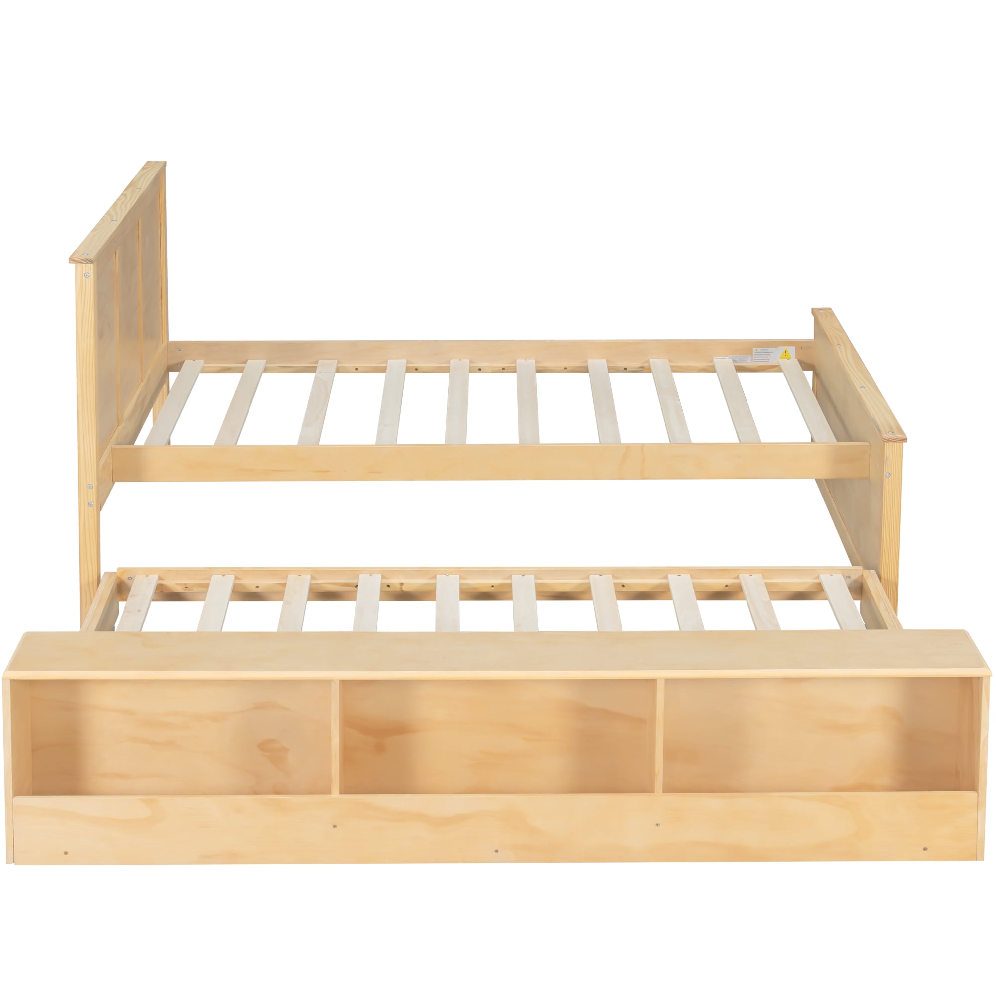 Alvantor Full Bed Frames with Pull Out Trundle, Headboard and Storage Shelves, Natural
